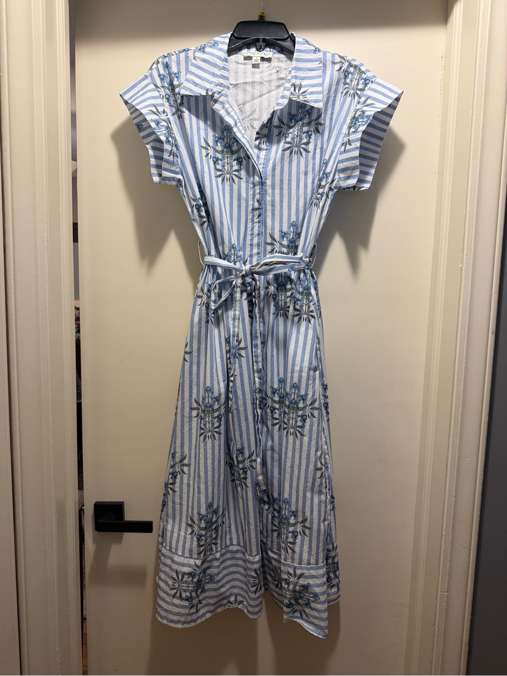 She + Sky Light Blue & White Striped Floral Midi Shirt Dress